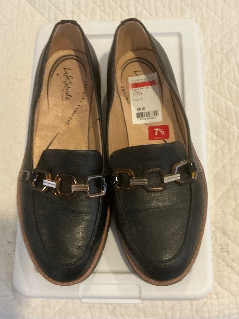 Life Stride Black Leather Chain-Accent Loafers
